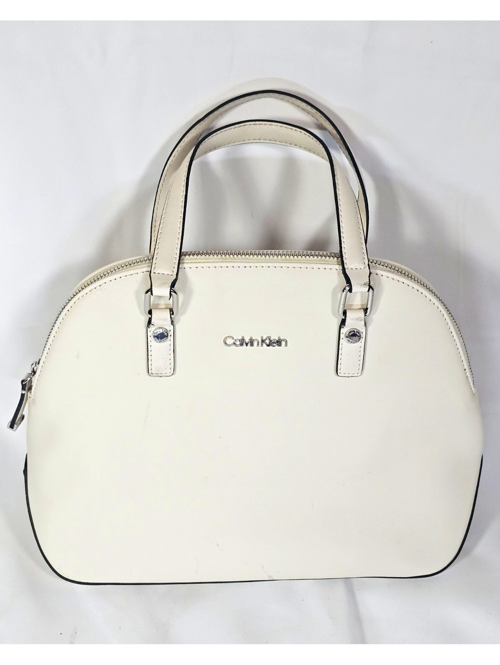 Calvin Klein White Cream Saffiano Dome Satchel Handbag